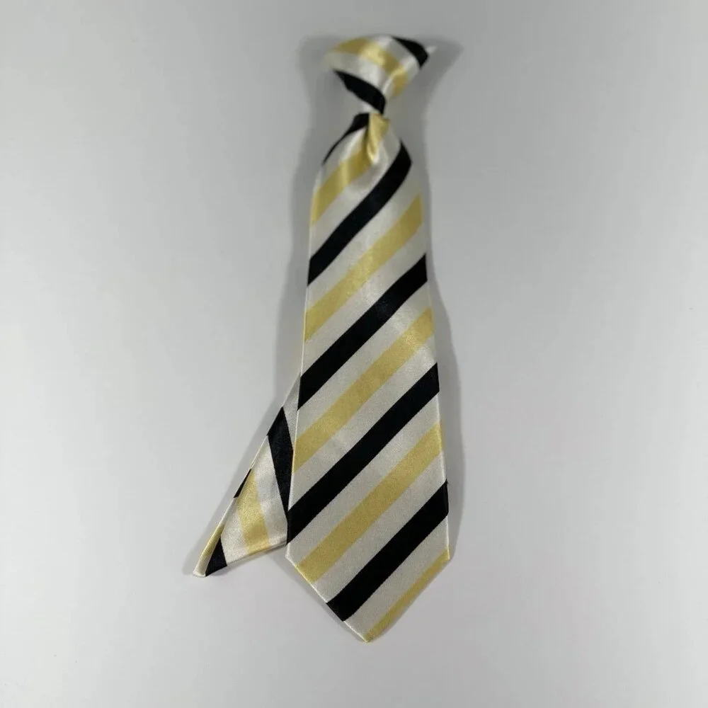 Boy's Clip-on Tie Hanky Cream Black Yellow Striped Polyester 2.75